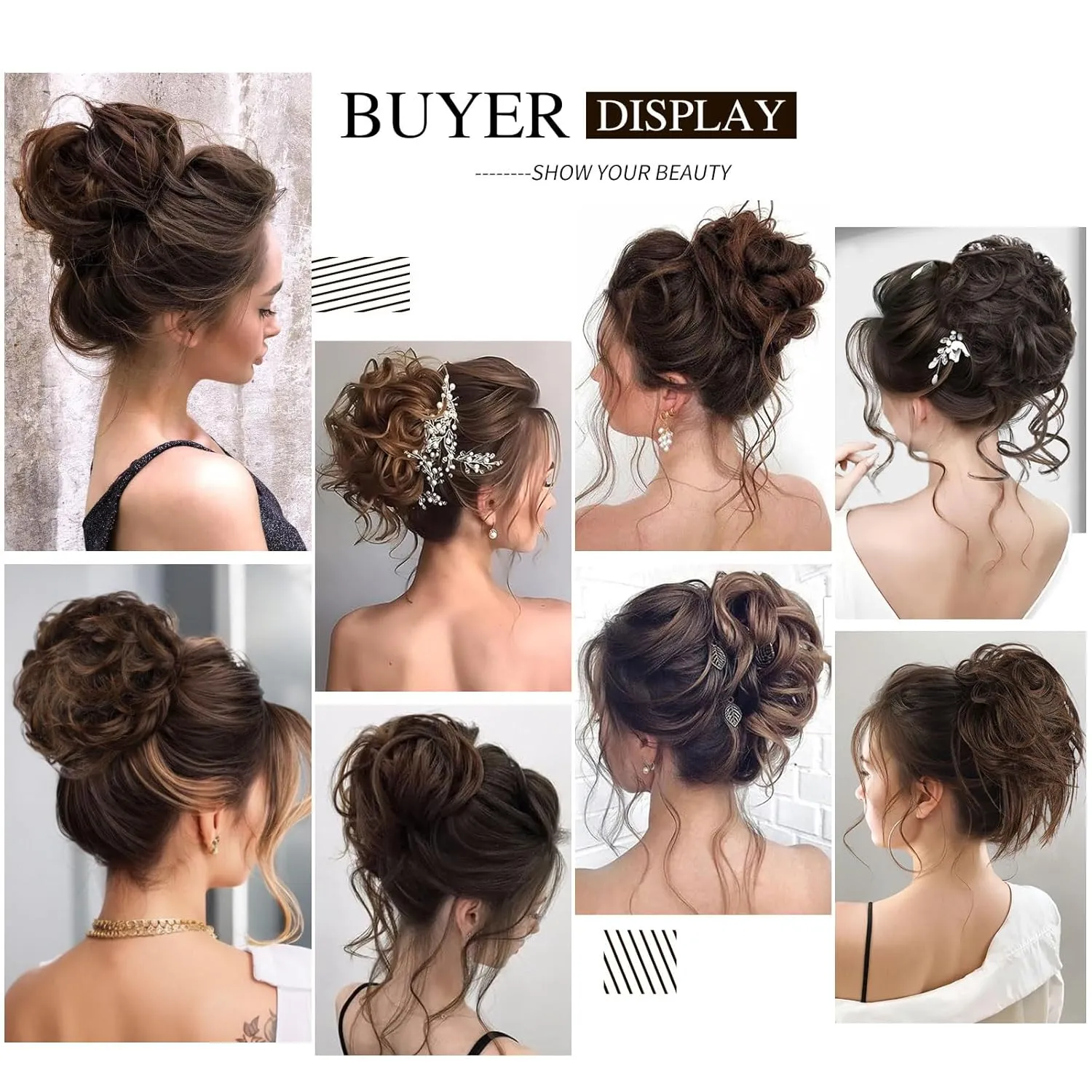 HMD 5 Pieces Messy Hair Bun Hairpiece Tousled Updo for Women Hair Extension Ponytail Scrunchies with Elastic Rubber Band Long Updo Messy Hairpiece Hair Accessories Set for Women（1B/30）