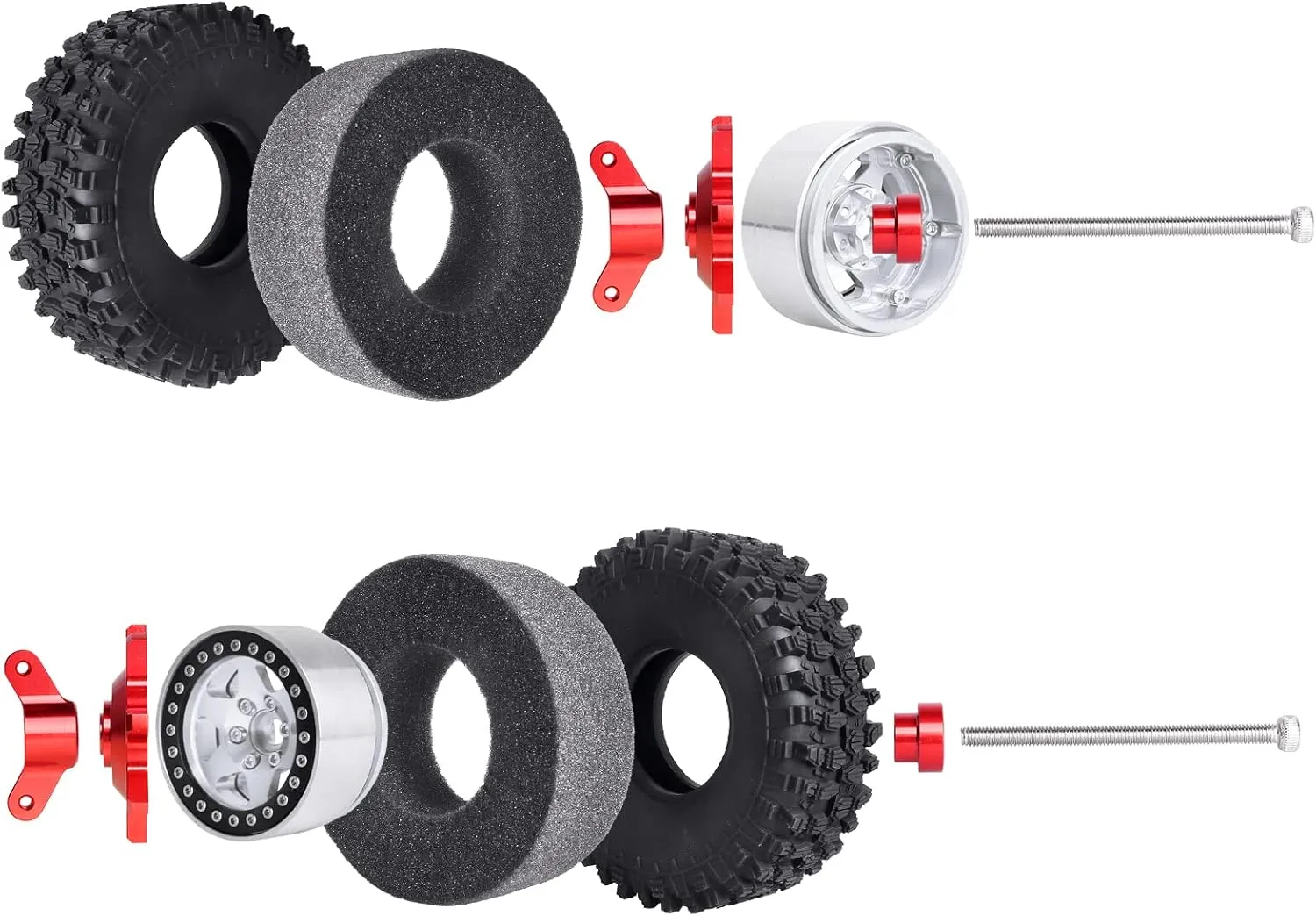HobbyPark 1.9 Beadlock Wheels and Tires 120mm / 4.72inch Height and Mounting Install Tool for 1/10 RC Crawler with Foam Inserts,Set of 4 (Silver&Black)
