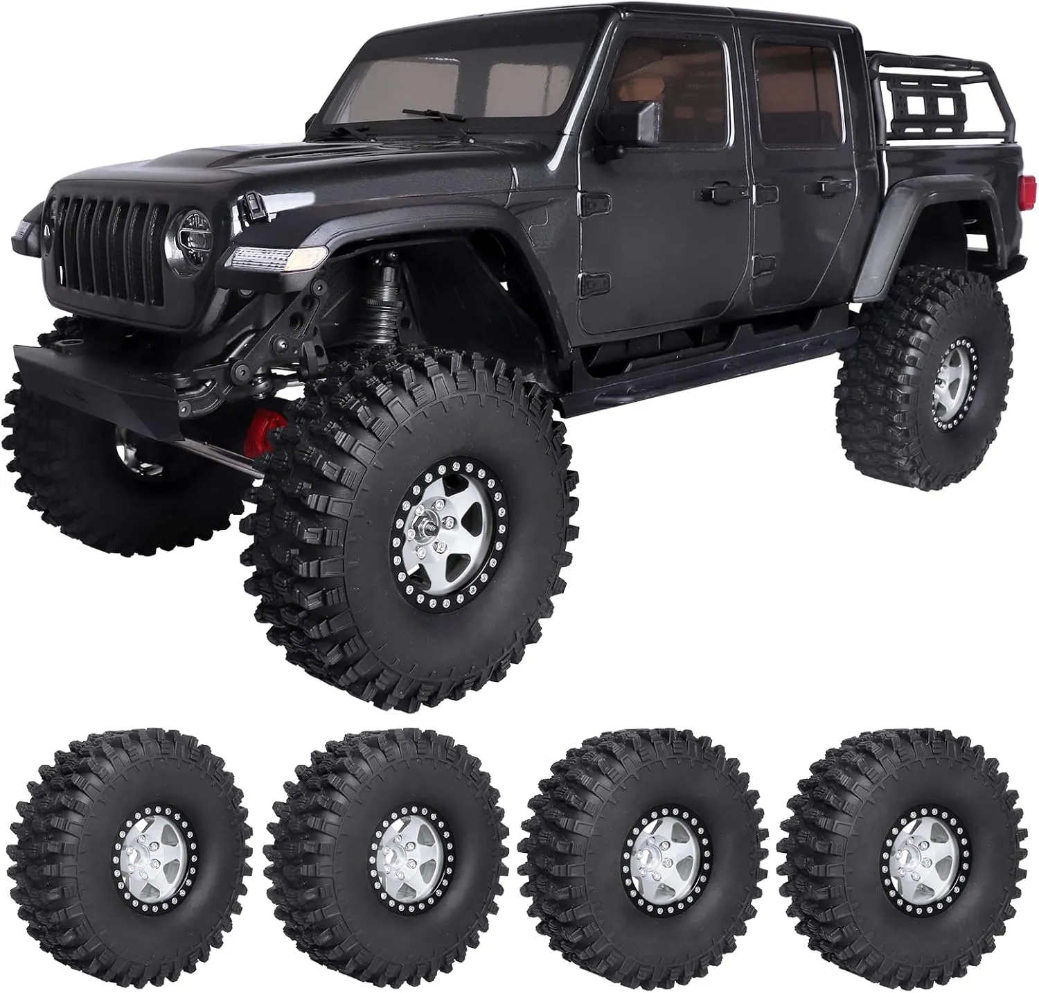 HobbyPark 1.9 Beadlock Wheels and Tires 120mm / 4.72inch Height and Mounting Install Tool for 1/10 RC Crawler with Foam Inserts,Set of 4 (Silver&Black)