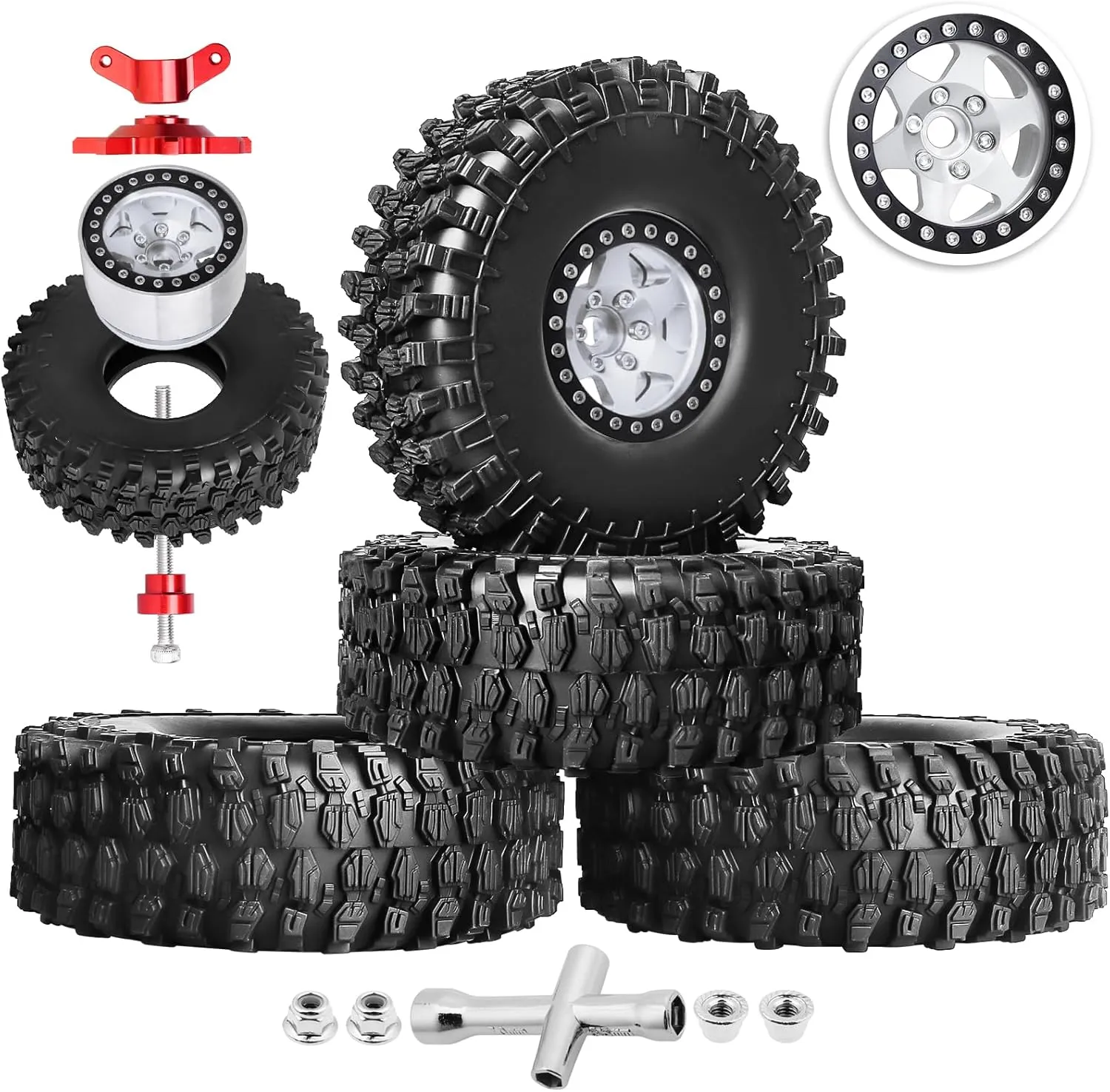 HobbyPark 1.9 Beadlock Wheels and Tires 120mm / 4.72inch Height and Mounting Install Tool for 1/10 RC Crawler with Foam Inserts,Set of 4 (Silver&Black)