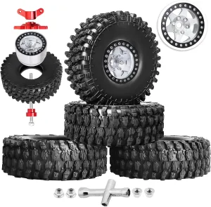 HobbyPark 1.9 Beadlock Wheels and Tires 120mm / 4.72inch Height and Mounting Install Tool for 1/10 RC Crawler with Foam Inserts,Set of 4 (Silver&Black)