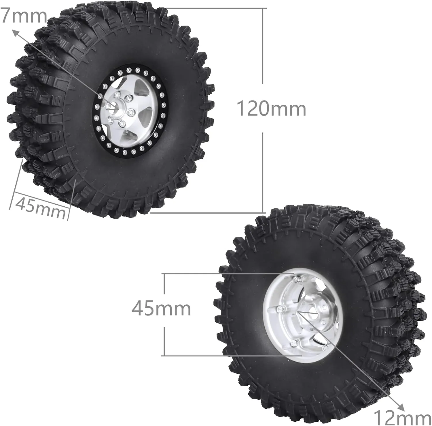 HobbyPark 1.9 Beadlock Wheels and Tires 120mm / 4.72inch Height and Mounting Install Tool for 1/10 RC Crawler with Foam Inserts,Set of 4 (Silver&Black)