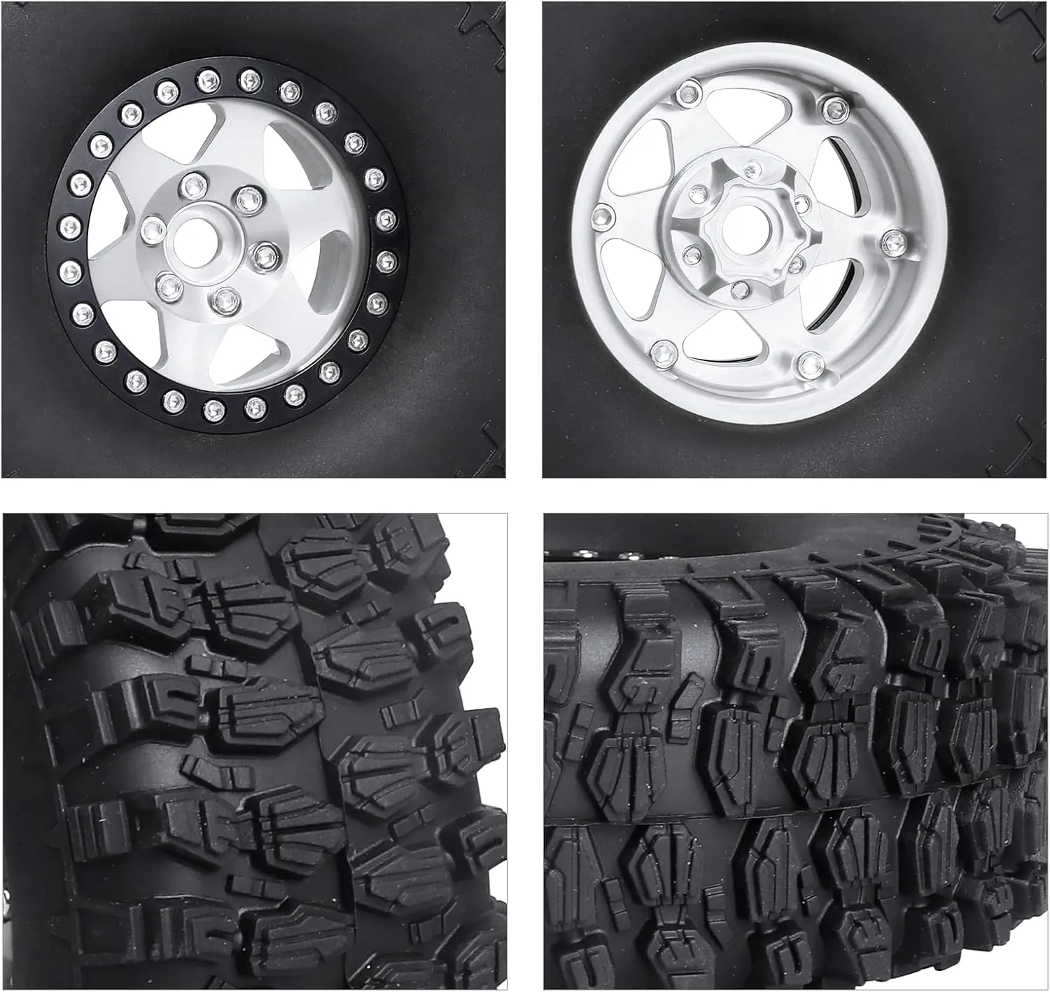 HobbyPark 1.9 Beadlock Wheels and Tires 120mm / 4.72inch Height and Mounting Install Tool for 1/10 RC Crawler with Foam Inserts,Set of 4 (Silver&Black)