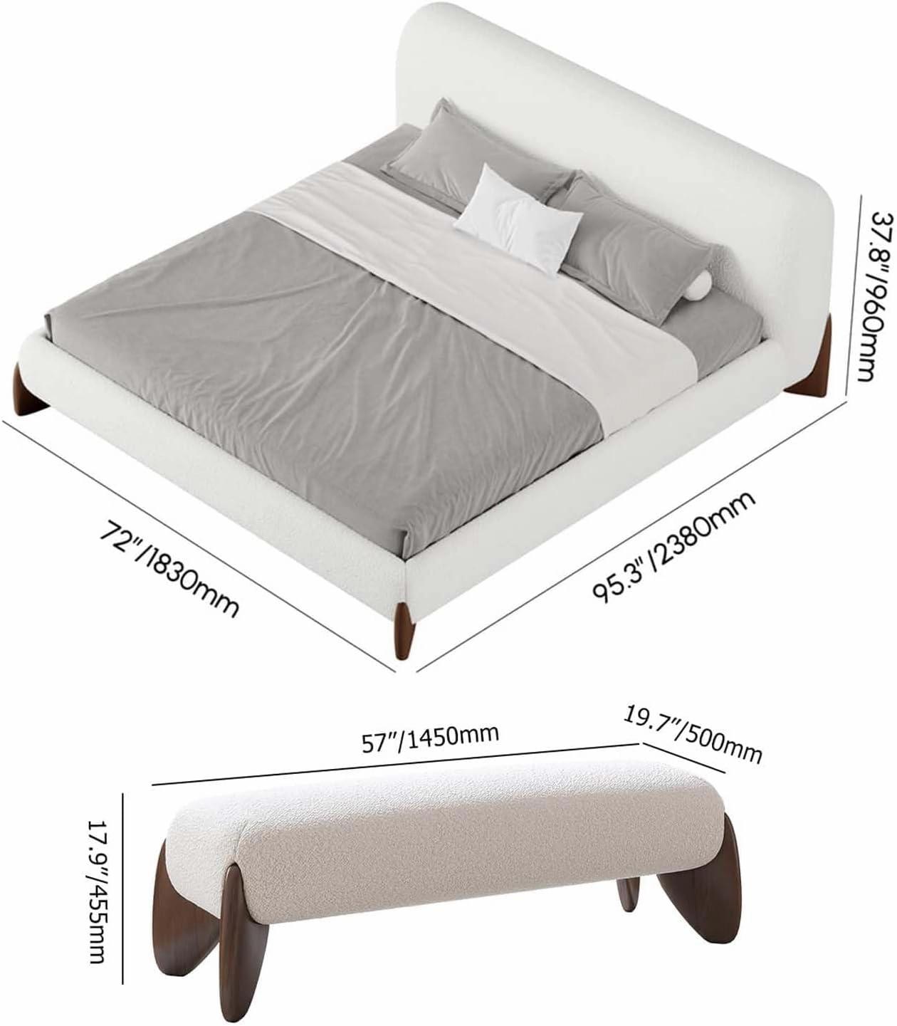 homary Curva Modern White Boucle Queen Size Platform Bed Set & Bedroom Bench with Solid Rubber Wood Legs, Upholstered Headboard, Comfortable & Stylish for Master Suite or Guest Room