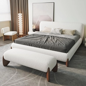 homary Curva Modern White Boucle Queen Size Platform Bed Set & Bedroom Bench with Solid Rubber Wood Legs, Upholstered Headboard, Comfortable & Stylish for Master Suite or Guest Room