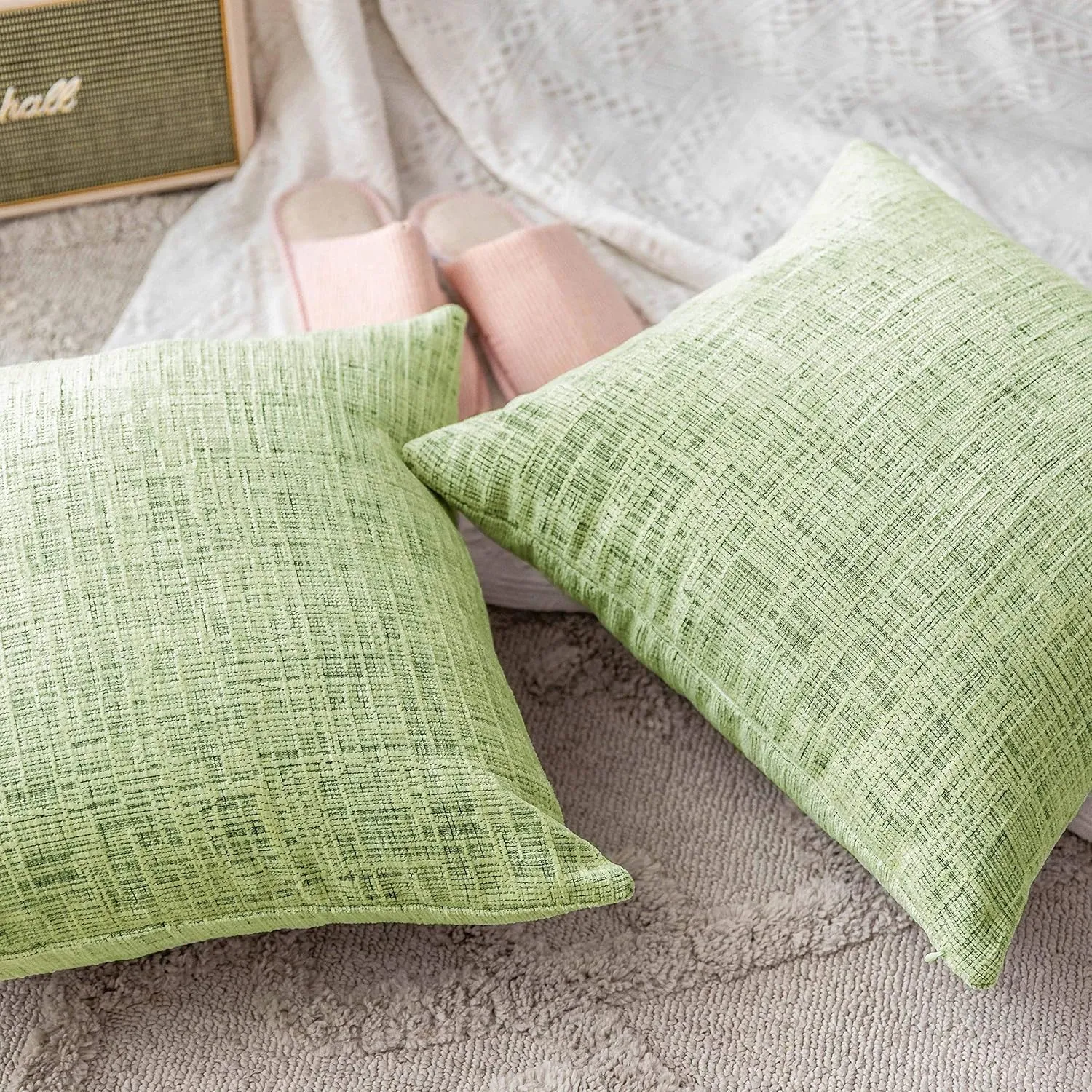 Home Brilliant Green Spring Pillows Covers Textured Chenille Plush Velvet Decorative Throw Pillowcases for Couch Bench Decor, 20x20 inches, Apple Green, 2 Pieces