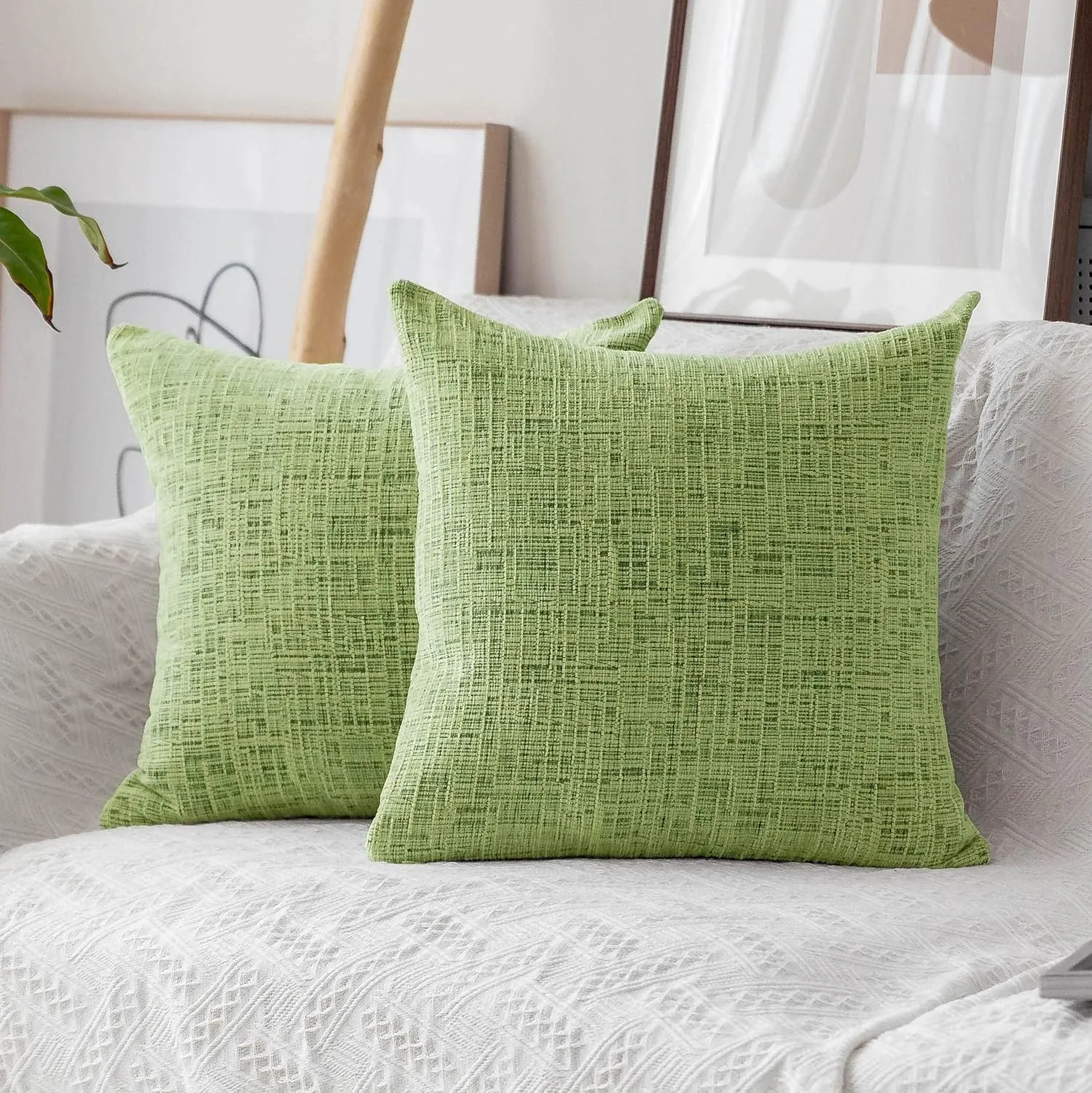 Home Brilliant Green Spring Pillows Covers Textured Chenille Plush Velvet Decorative Throw Pillowcases for Couch Bench Decor, 20x20 inches, Apple Green, 2 Pieces