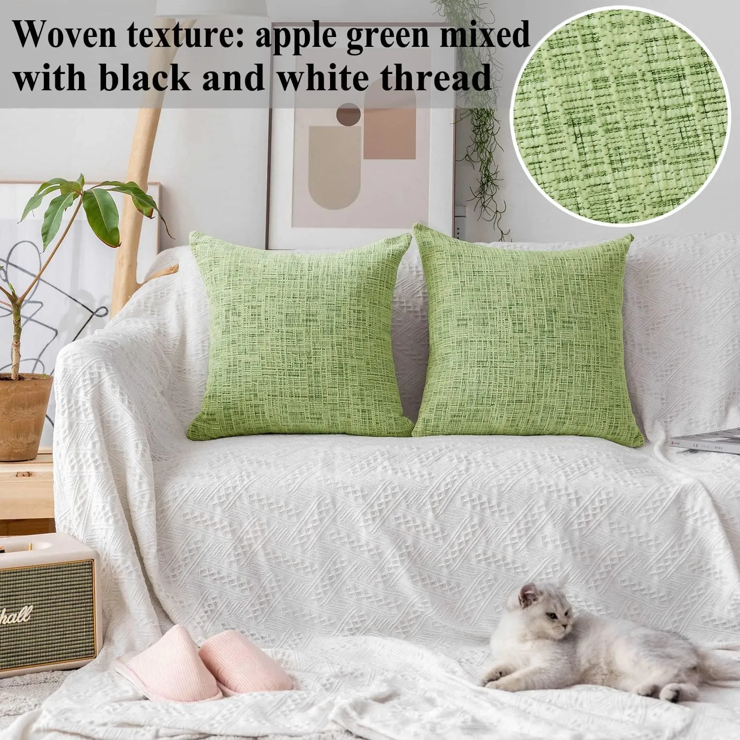 Home Brilliant Green Spring Pillows Covers Textured Chenille Plush Velvet Decorative Throw Pillowcases for Couch Bench Decor, 20x20 inches, Apple Green, 2 Pieces