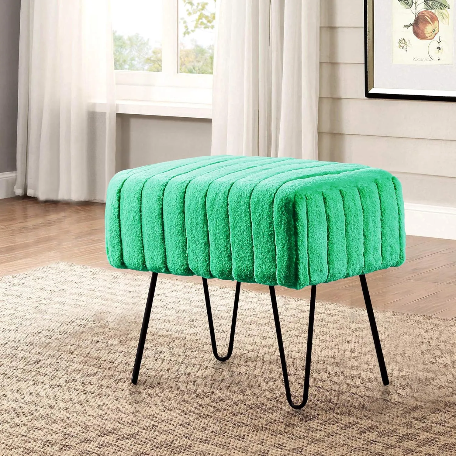 Home Soft Things Super Mink Faux Fur Green Ottoman Bench, 19" x 13" x 17" H, Arcadia, Living Room Foot Rest Stool Entryway Makeup Bench End of Bed Bedroom Home Decor Chair for Sitting