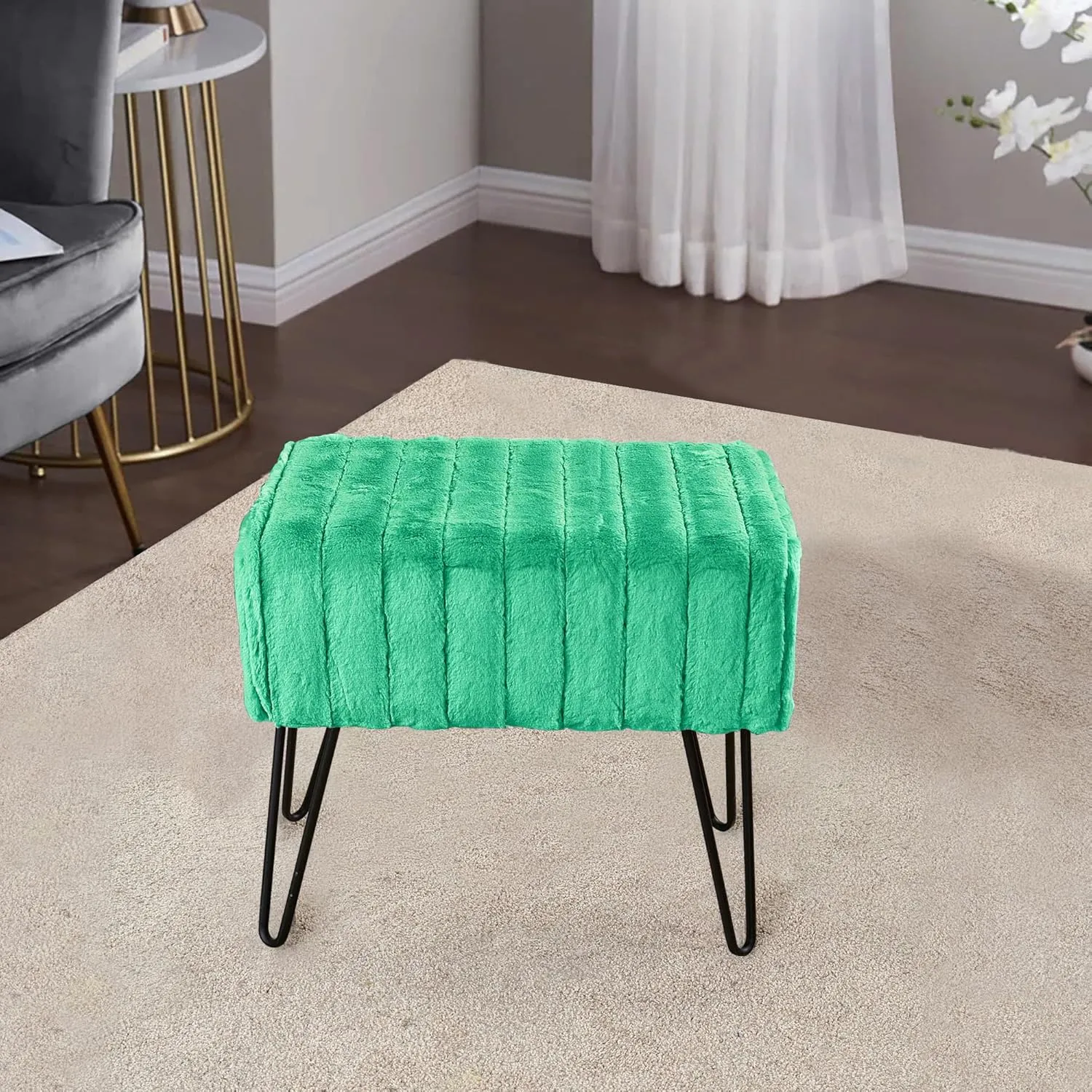 Home Soft Things Super Mink Faux Fur Green Ottoman Bench, 19" x 13" x 17" H, Arcadia, Living Room Foot Rest Stool Entryway Makeup Bench End of Bed Bedroom Home Decor Chair for Sitting