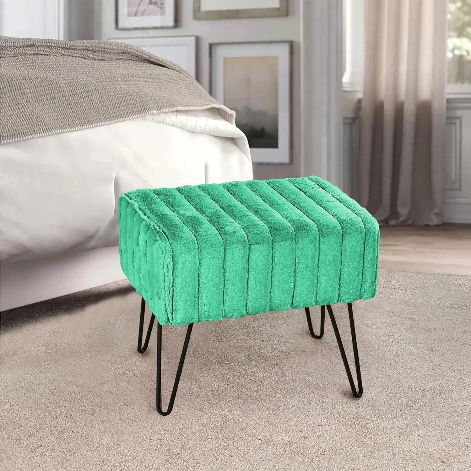 Home Soft Things Super Mink Faux Fur Green Ottoman Bench, 19" x 13" x 17" H, Arcadia, Living Room Foot Rest Stool Entryway Makeup Bench End of Bed Bedroom Home Decor Chair for Sitting