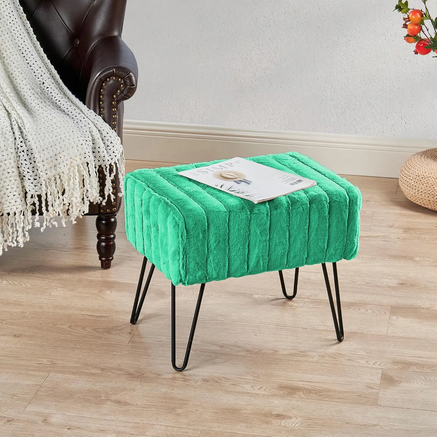 Home Soft Things Super Mink Faux Fur Green Ottoman Bench, 19" x 13" x 17" H, Arcadia, Living Room Foot Rest Stool Entryway Makeup Bench End of Bed Bedroom Home Decor Chair for Sitting