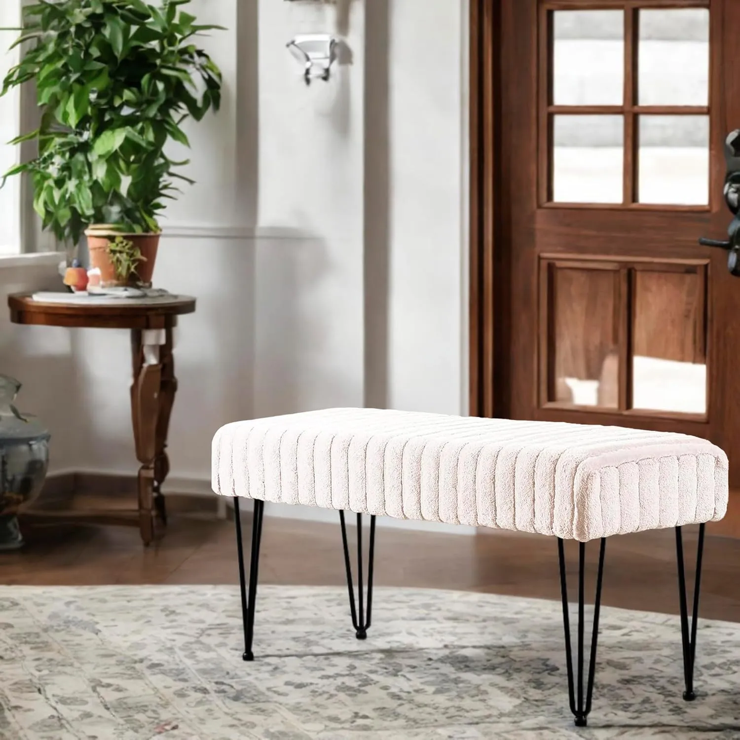 Home Soft Things Super Mink Faux Fur Ottoman Bench, 46" x 16" x 22" H, Antique White, Living Room Foot Rest Stool Entryway Makeup Bench End of Bed Bedroom Home Decor Chair for Sitting