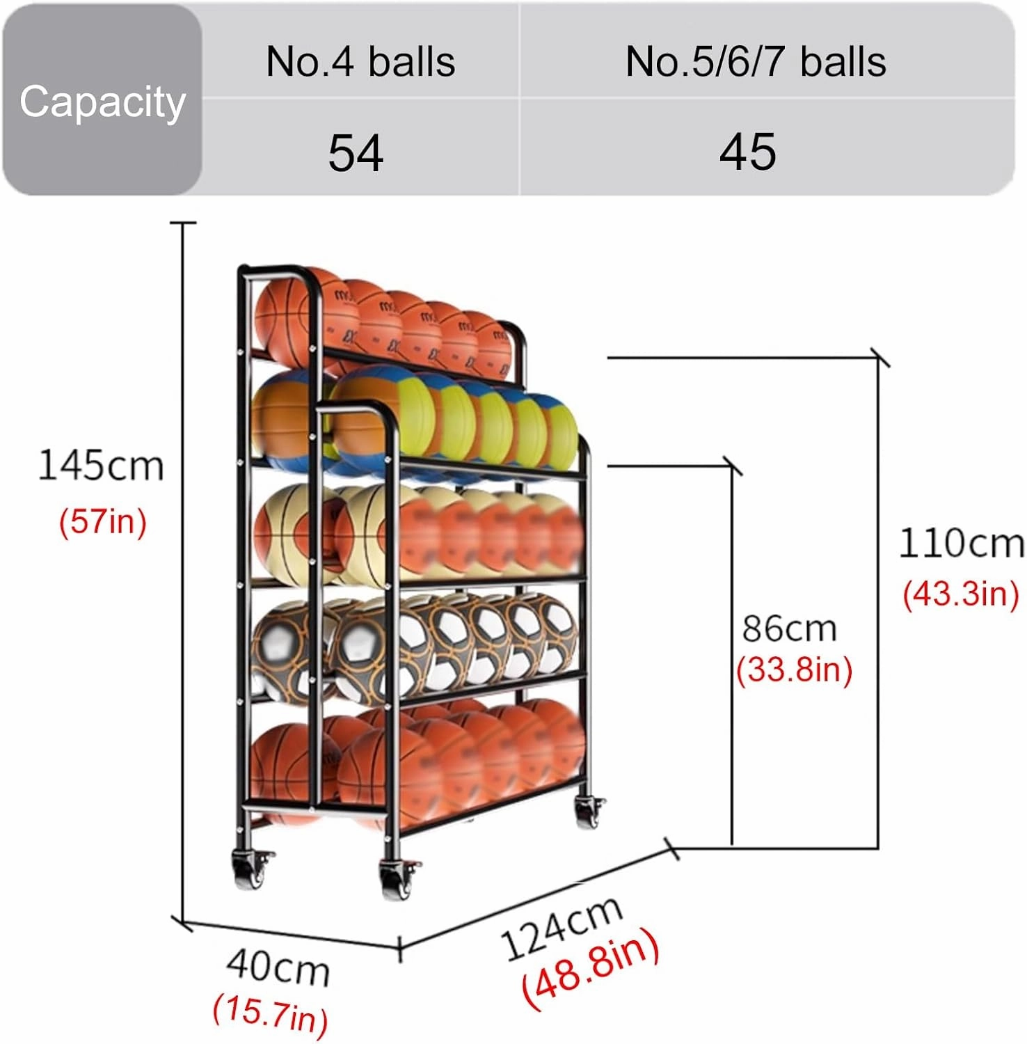Home Gym Organizer Rack Black Basketball Rack Cart, Lockable Rolling Balls Holder for Gym/Family/Garage/School/Club Display, Freestanding Volleyball Football Organizer Holder