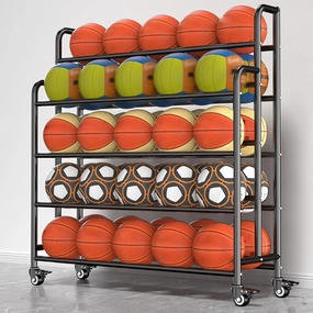 Home Gym Organizer Rack Black Basketball Rack Cart, Lockable Rolling Balls Holder for Gym/Family/Garage/School/Club Display, Freestanding Volleyball Football Organizer Holder