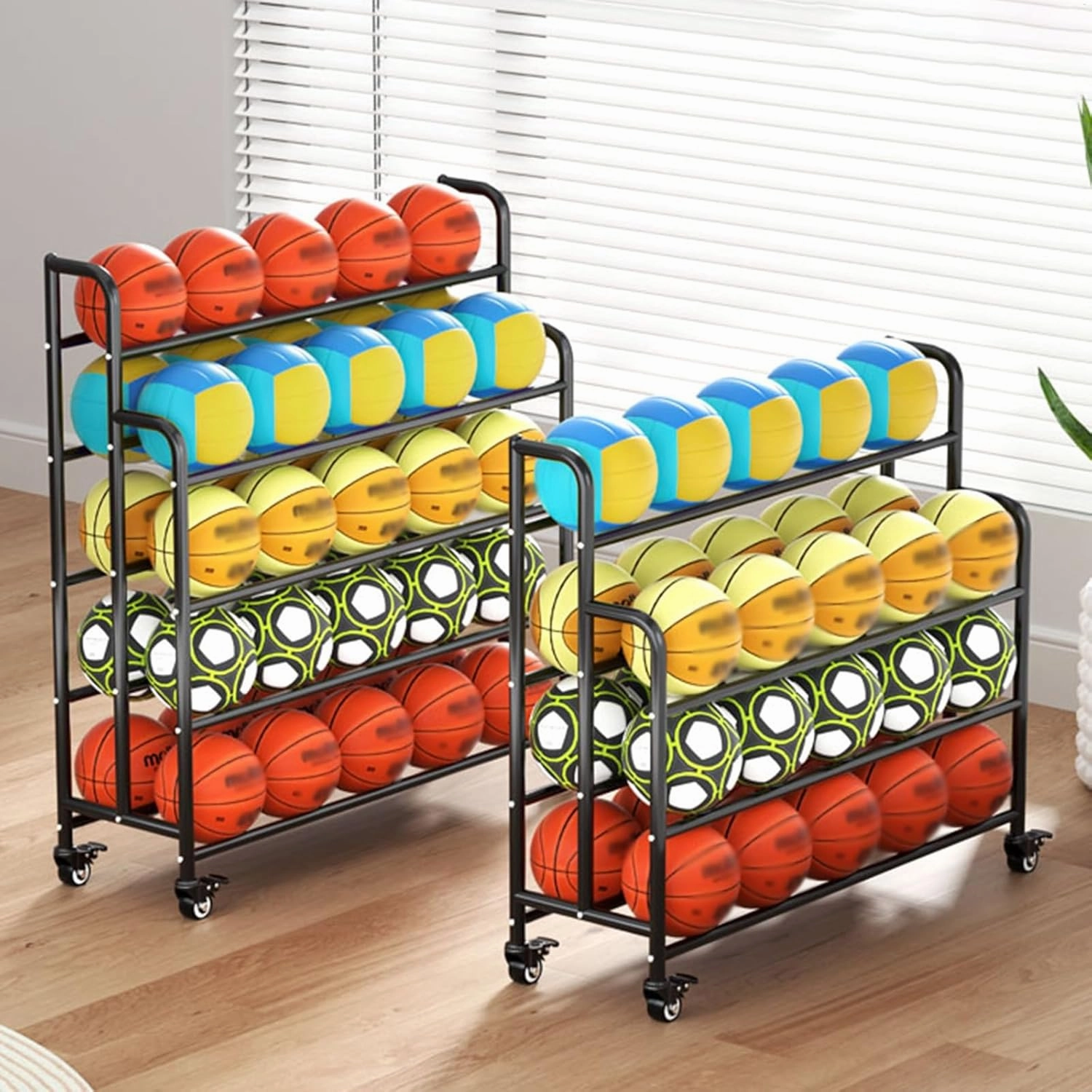 Home Gym Organizer Rack Black Basketball Rack Cart, Lockable Rolling Balls Holder for Gym/Family/Garage/School/Club Display, Freestanding Volleyball Football Organizer Holder