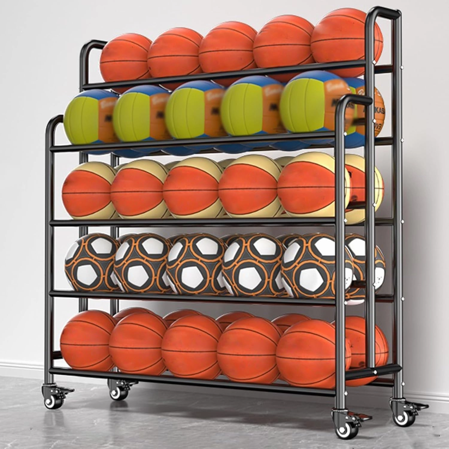 Home Gym Organizer Rack Black Basketball Rack Cart, Lockable Rolling Balls Holder for Gym/Family/Garage/School/Club Display, Freestanding Volleyball Football Organizer Holder