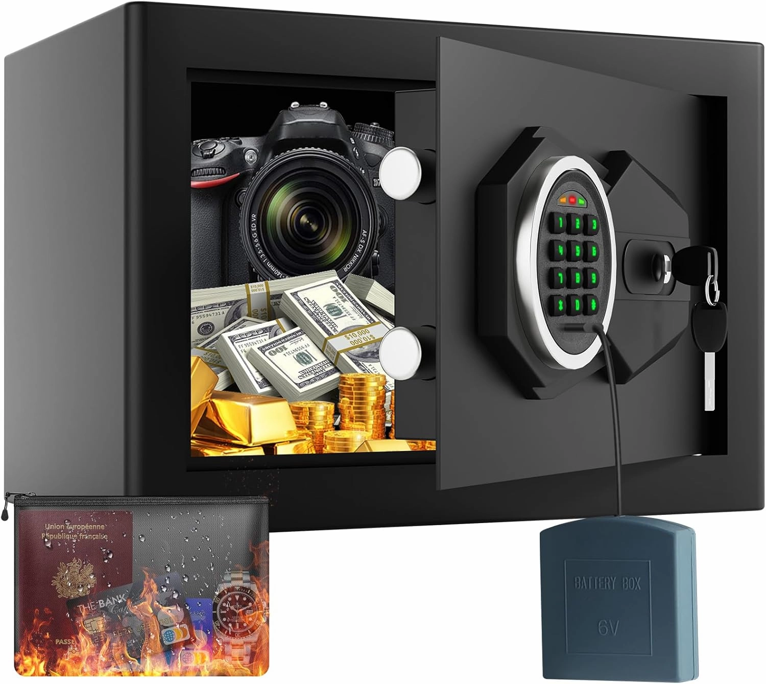 Home Safe with Fireproof Bag and Backlit Keypad, 0.4 Cu Feet Small Box for Home with Silent Mode and Alarm Mode, Digital Personal safe Combination Lock Box for Money Medicine Jewelry