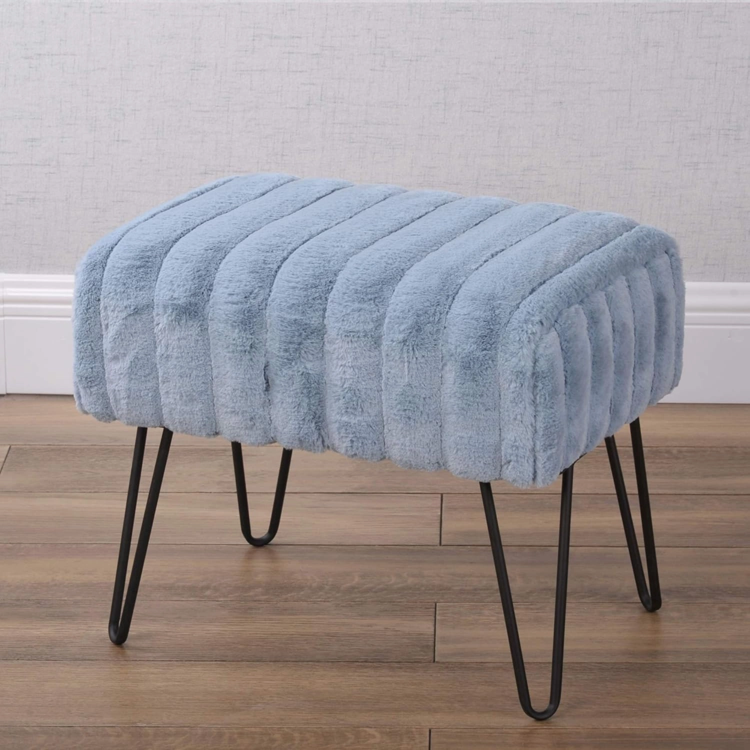 Home Soft Things Super Mink Faux Fur Blue Ottoman Bench 19" x 13" x 17" H, Arona, Living Room Foot Rest Stool Entryway Makeup Bench End of Bed Bedroom Home Decor Chair