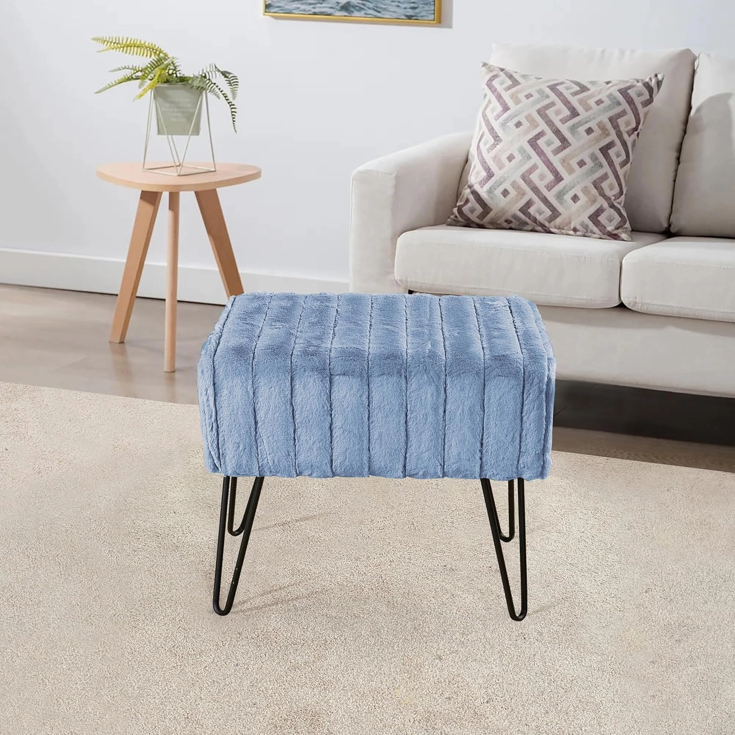 Home Soft Things Super Mink Faux Fur Blue Ottoman Bench 19" x 13" x 17" H, Arona, Living Room Foot Rest Stool Entryway Makeup Bench End of Bed Bedroom Home Decor Chair