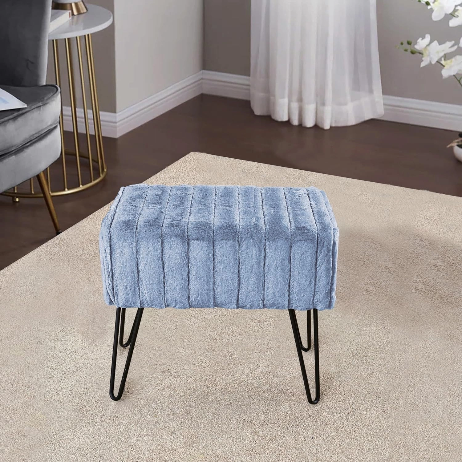 Home Soft Things Super Mink Faux Fur Blue Ottoman Bench 19" x 13" x 17" H, Arona, Living Room Foot Rest Stool Entryway Makeup Bench End of Bed Bedroom Home Decor Chair