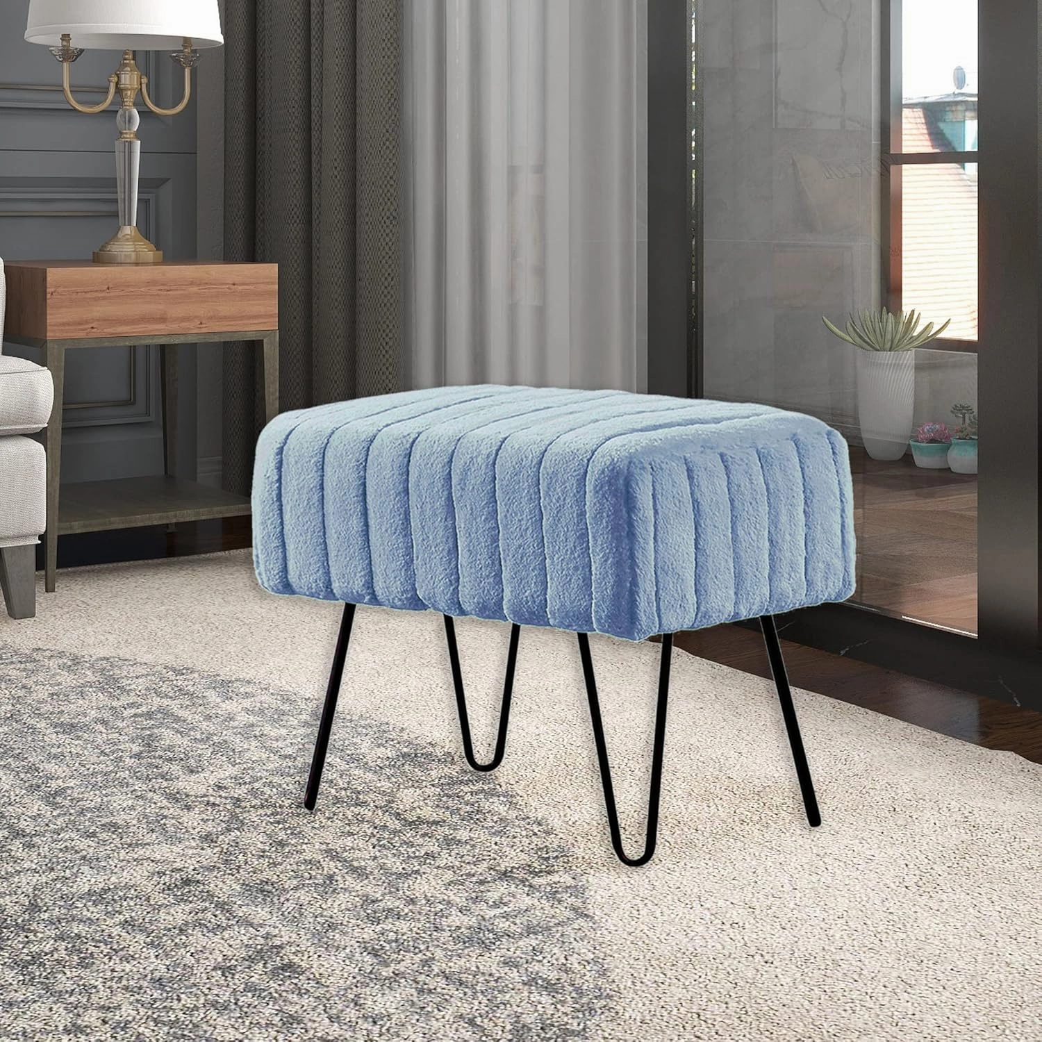 Home Soft Things Super Mink Faux Fur Blue Ottoman Bench 19" x 13" x 17" H, Arona, Living Room Foot Rest Stool Entryway Makeup Bench End of Bed Bedroom Home Decor Chair