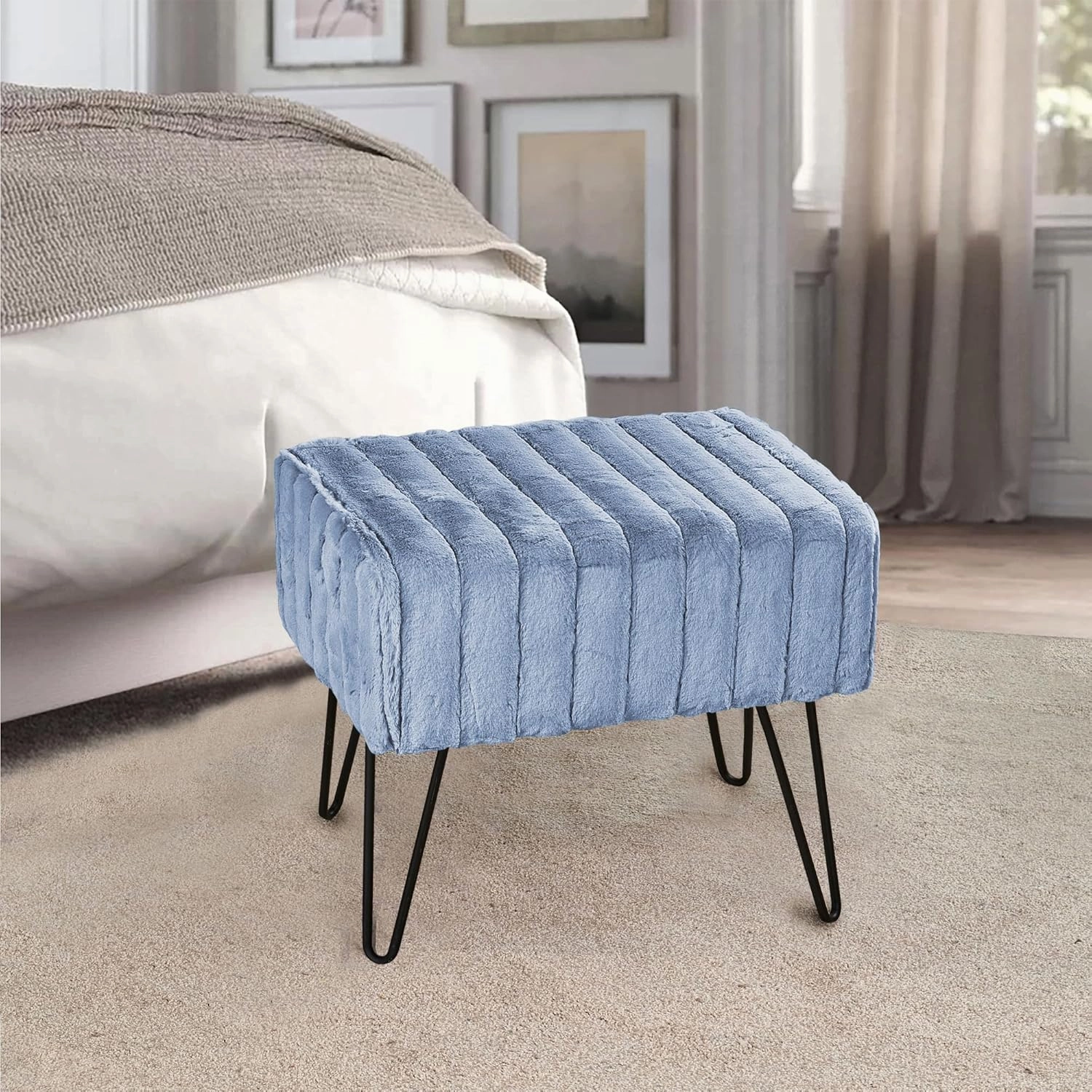 Home Soft Things Super Mink Faux Fur Blue Ottoman Bench 19" x 13" x 17" H, Arona, Living Room Foot Rest Stool Entryway Makeup Bench End of Bed Bedroom Home Decor Chair