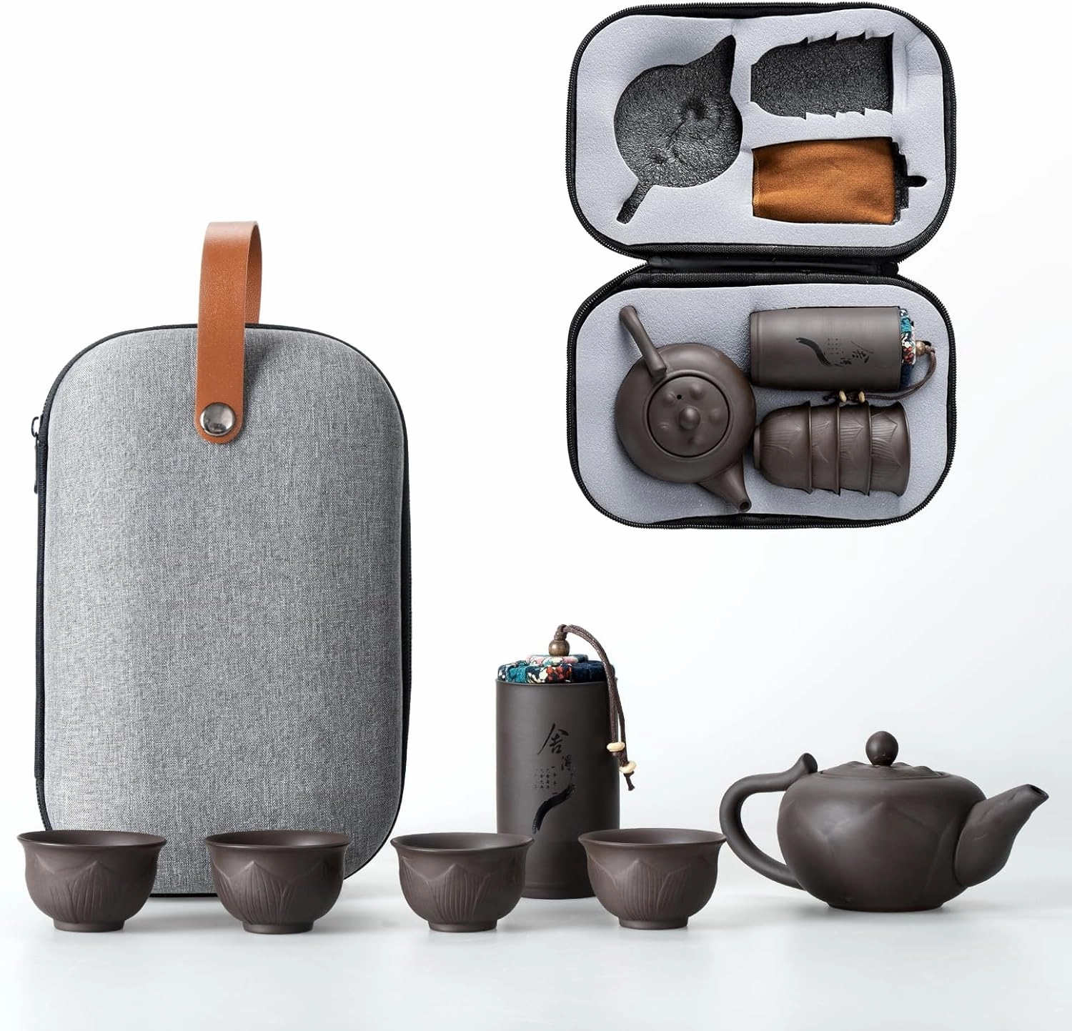 Homee Portable Chinese Tea Set,Gongfu Kung Fu Tea Set,Tea pot Set Porcelain Teapot & Teacups with Travel Bag,Teapot Teacups Portable All in One Gift Bag for Travel,Home,Gifting,Outdoor and Office