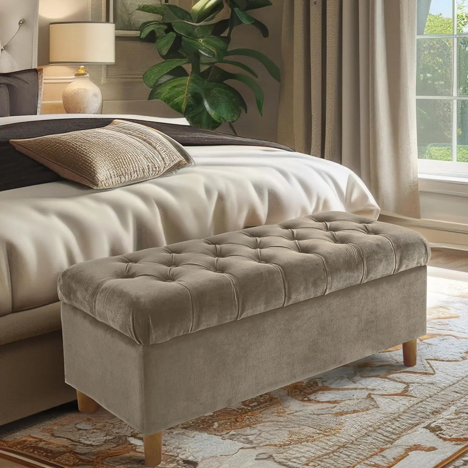 HomePop Home Decor | Tufted Ainsley Button Storage Ottoman Bench with Hinged Lid | Ottoman Bench with Storage for Living Room & Bedroom,Fawn Velvet