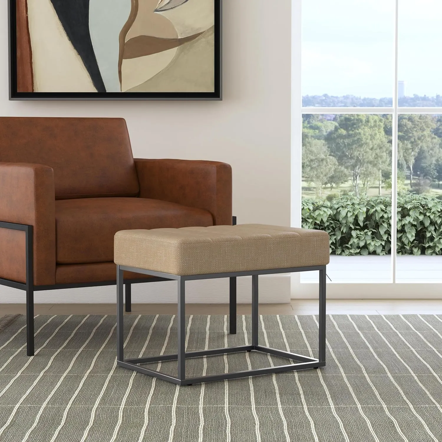 HomePop Theodore Channel Tufted Small Ottoman -Light Tan Textured Solid