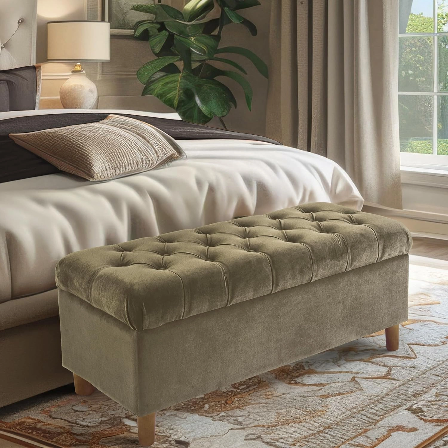 HomePop Home Decor | Tufted Ainsley Button Storage Ottoman Bench with Hinged Lid | Ottoman Bench with Storage for Living Room & Bedroom,Light Sage Green Velvet
