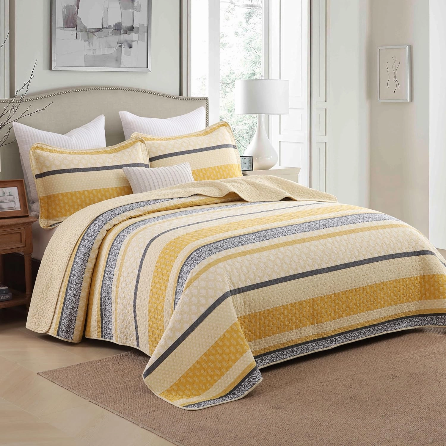 Homzard Quilt King Size - Cotton King Quilt Bedding Set, Yellow Black Gray King Size Comforter Set,Farmhouse Striped Bedspread King Size,Lightweight Bedding Home Decor 3 Piece