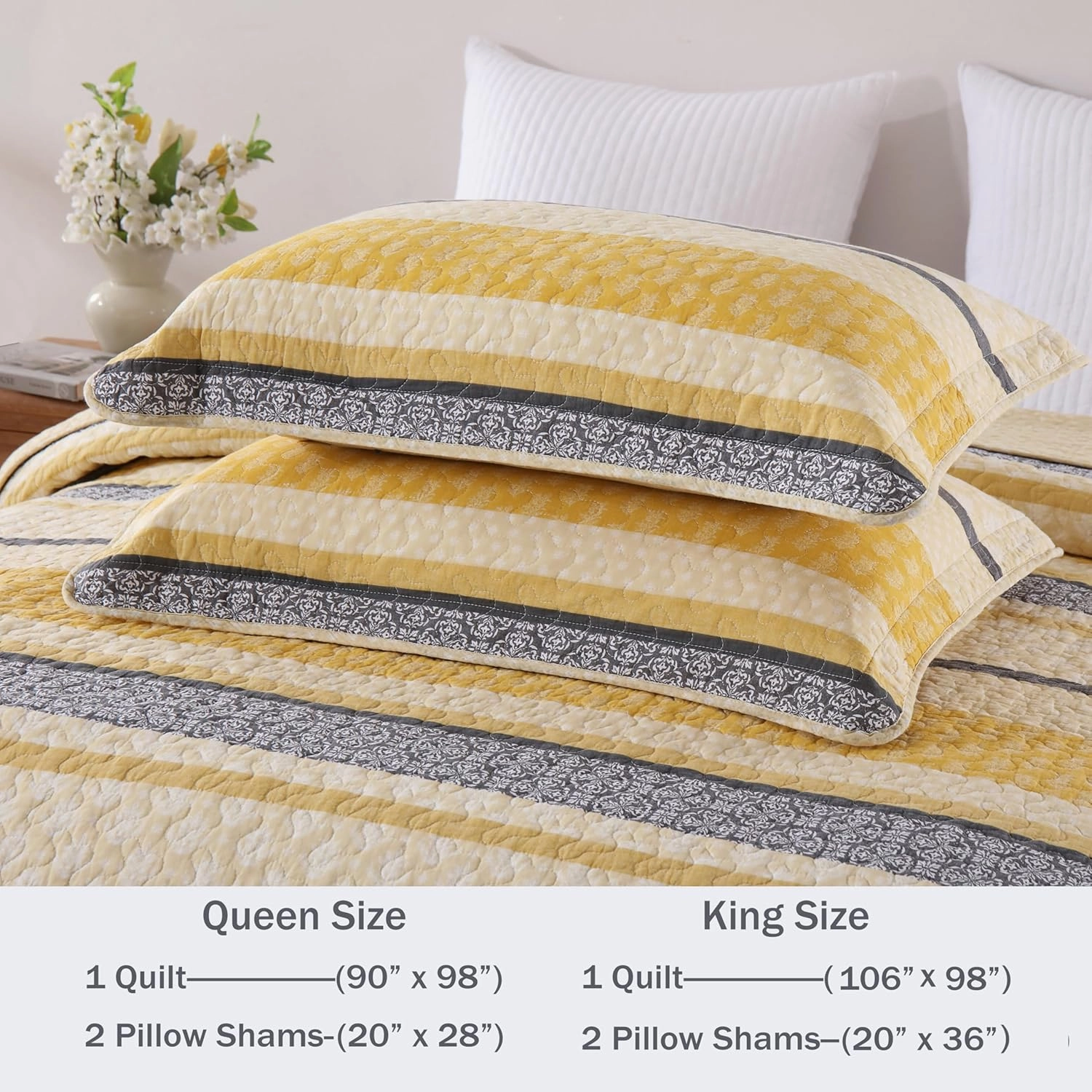 Homzard Quilt King Size - Cotton King Quilt Bedding Set, Yellow Black Gray King Size Comforter Set,Farmhouse Striped Bedspread King Size,Lightweight Bedding Home Decor 3 Piece