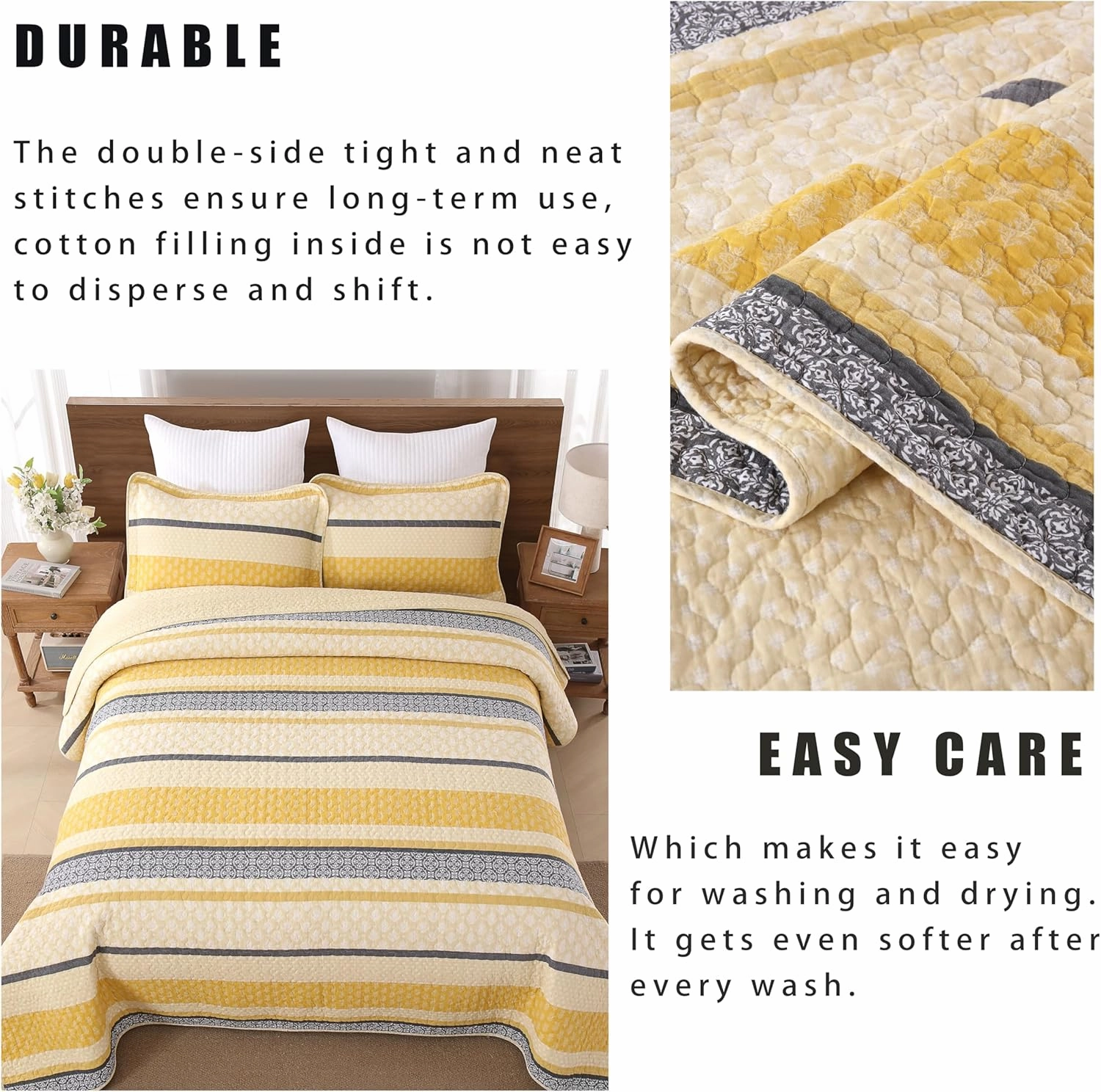 Homzard Quilt King Size - Cotton King Quilt Bedding Set, Yellow Black Gray King Size Comforter Set,Farmhouse Striped Bedspread King Size,Lightweight Bedding Home Decor 3 Piece