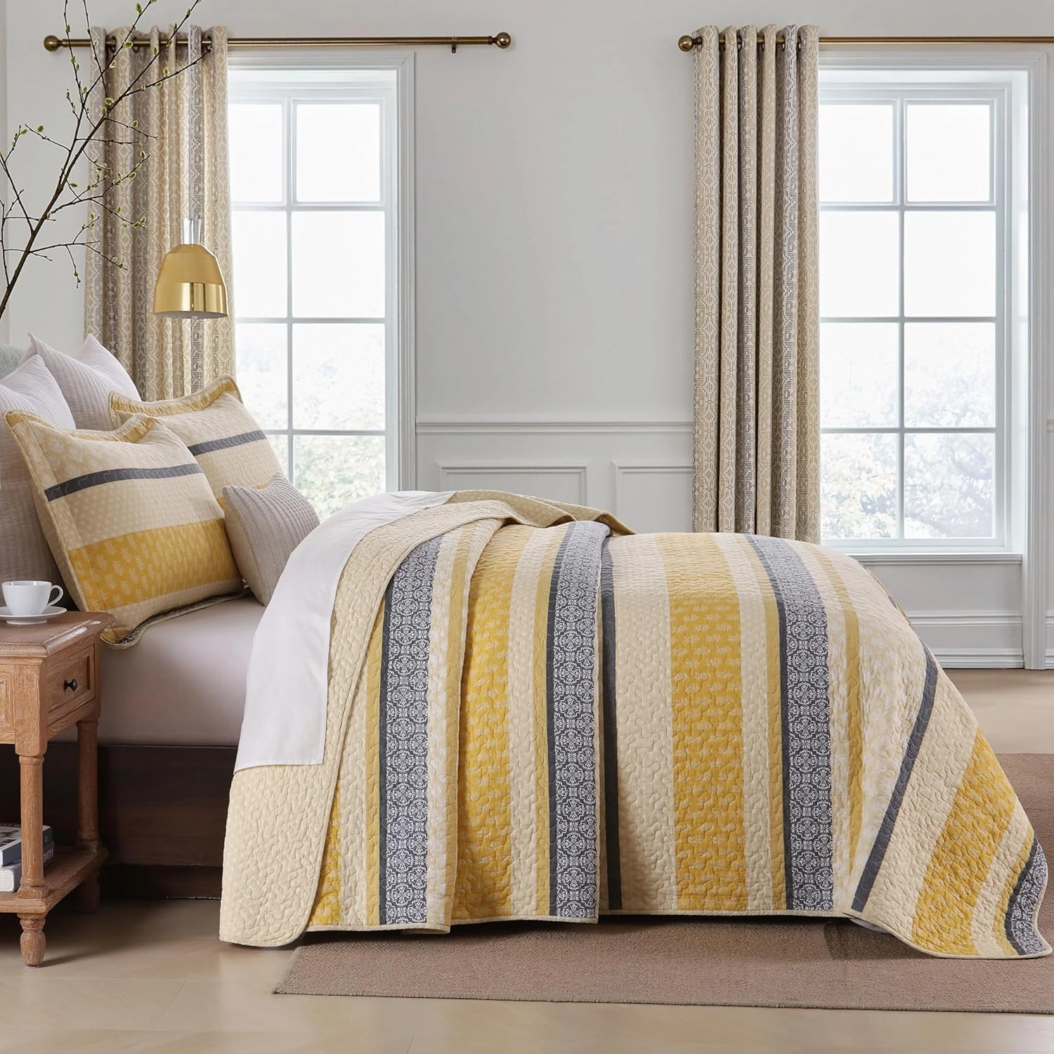 Homzard Quilt King Size - Cotton King Quilt Bedding Set, Yellow Black Gray King Size Comforter Set,Farmhouse Striped Bedspread King Size,Lightweight Bedding Home Decor 3 Piece
