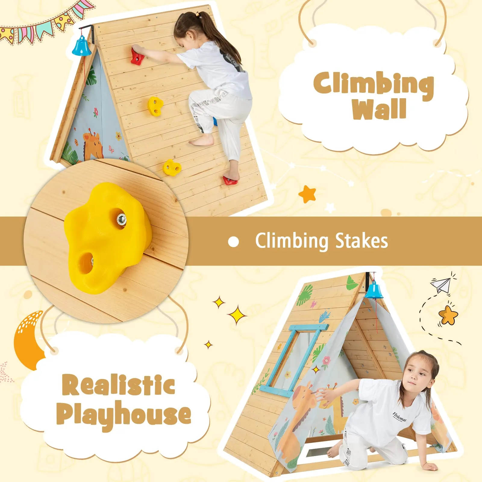 HONEY JOY Kids Triangle Climber with Tent, 2 in 1 Wooden Climbing Triangle Toys w/Climbing Wall
