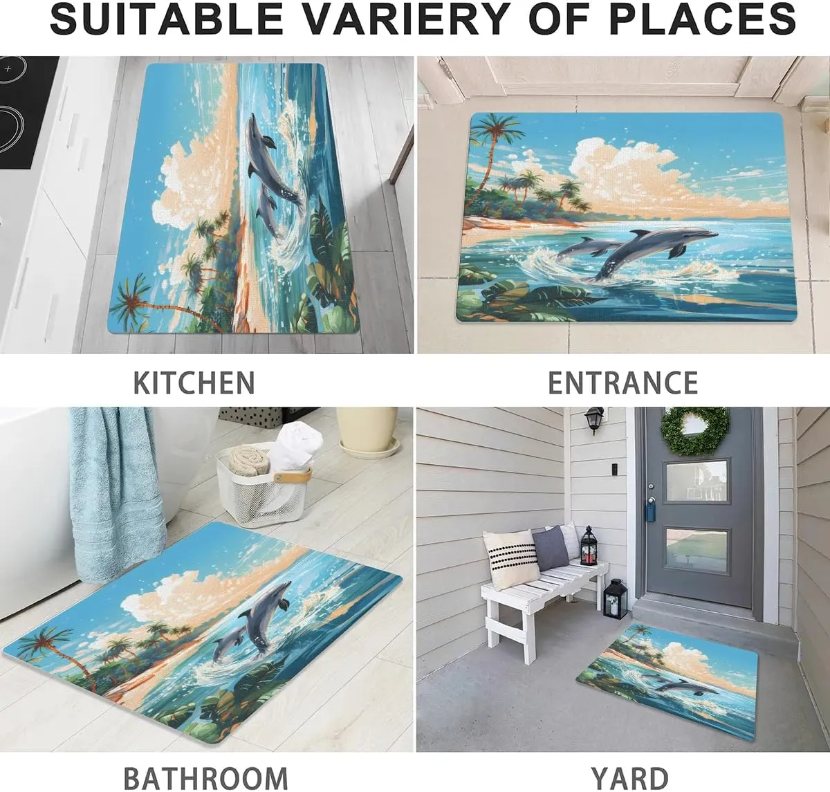 Honeybaby Beach Jumping Dolphin Non Slip Bath Mat Quick Dry Bath Mats for Bathroom Non Slip Absorbent Bath Mat Washable Under Sink Mat for Bathroom Shower Fit Under Door