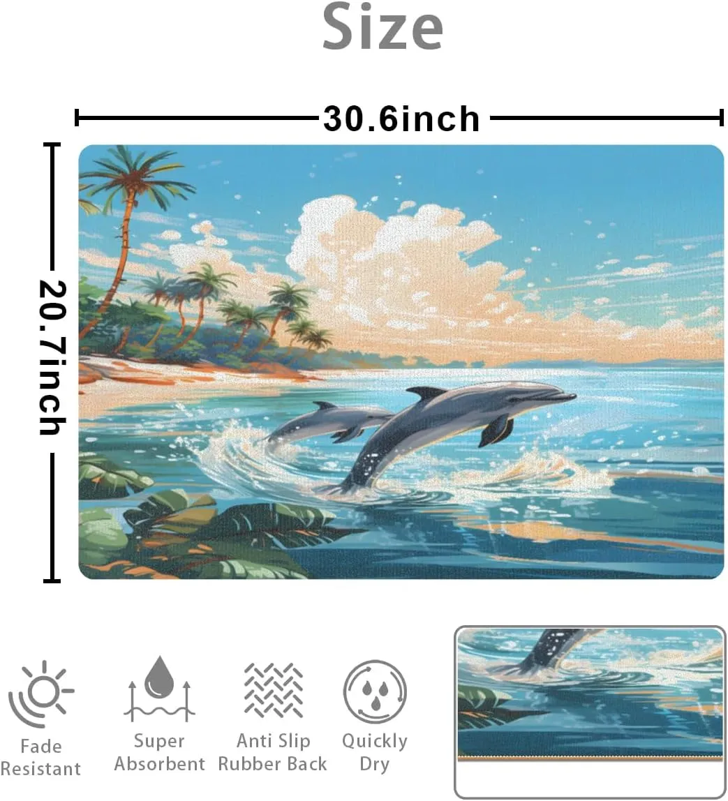 Honeybaby Beach Jumping Dolphin Non Slip Bath Mat Quick Dry Bath Mats for Bathroom Non Slip Absorbent Bath Mat Washable Under Sink Mat for Bathroom Shower Fit Under Door