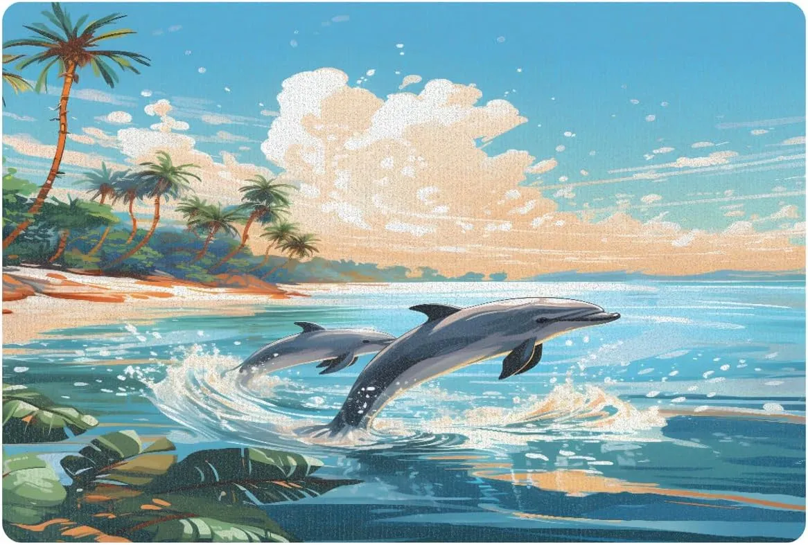 Honeybaby Beach Jumping Dolphin Non Slip Bath Mat Quick Dry Bath Mats for Bathroom Non Slip Absorbent Bath Mat Washable Under Sink Mat for Bathroom Shower Fit Under Door