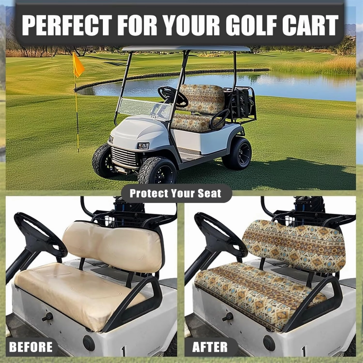 Horeset Golf Cart Front Seat Covers for Hot Weather, No Stapler Needed, Golf Cart Seat Covers Set Fit All Golf Cart Brand