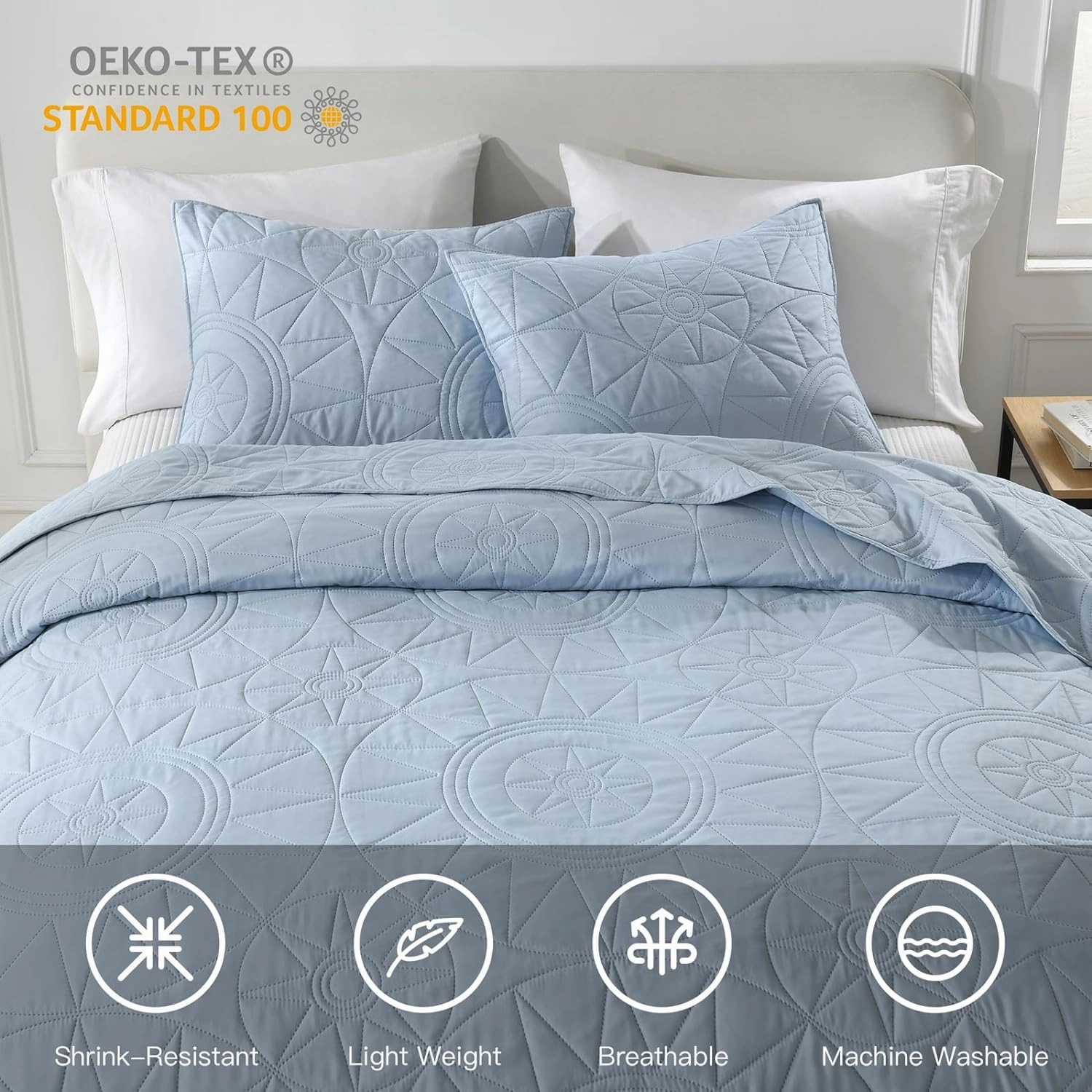 HORIMOTE HOME King Size Quilt Set (106'' x 96'') - Baby Blue Lightweight Microfiber Bedspread with 2 Shams, All-Season Coverlet for Cozy Bedding
