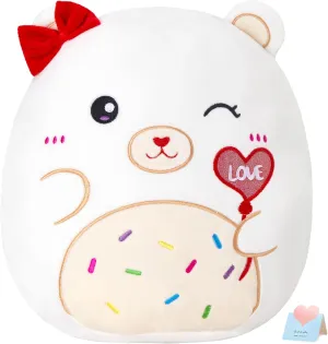 Houwsbaby 12" White Bear Plush Pillow,Bear Stuffed Animal Holding Love Balloon,Wearing Bow on The Head, for Girls Girlfriend, Babies, Lovers