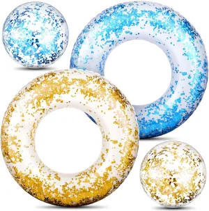 Hungdao 4 Pcs Glitter Inflatable Pool Float Tube Confetti Swim Ring and Glitter Beach Ball Confetti Inflatable Beach Ball for Adult Teens Summer Pool Favor