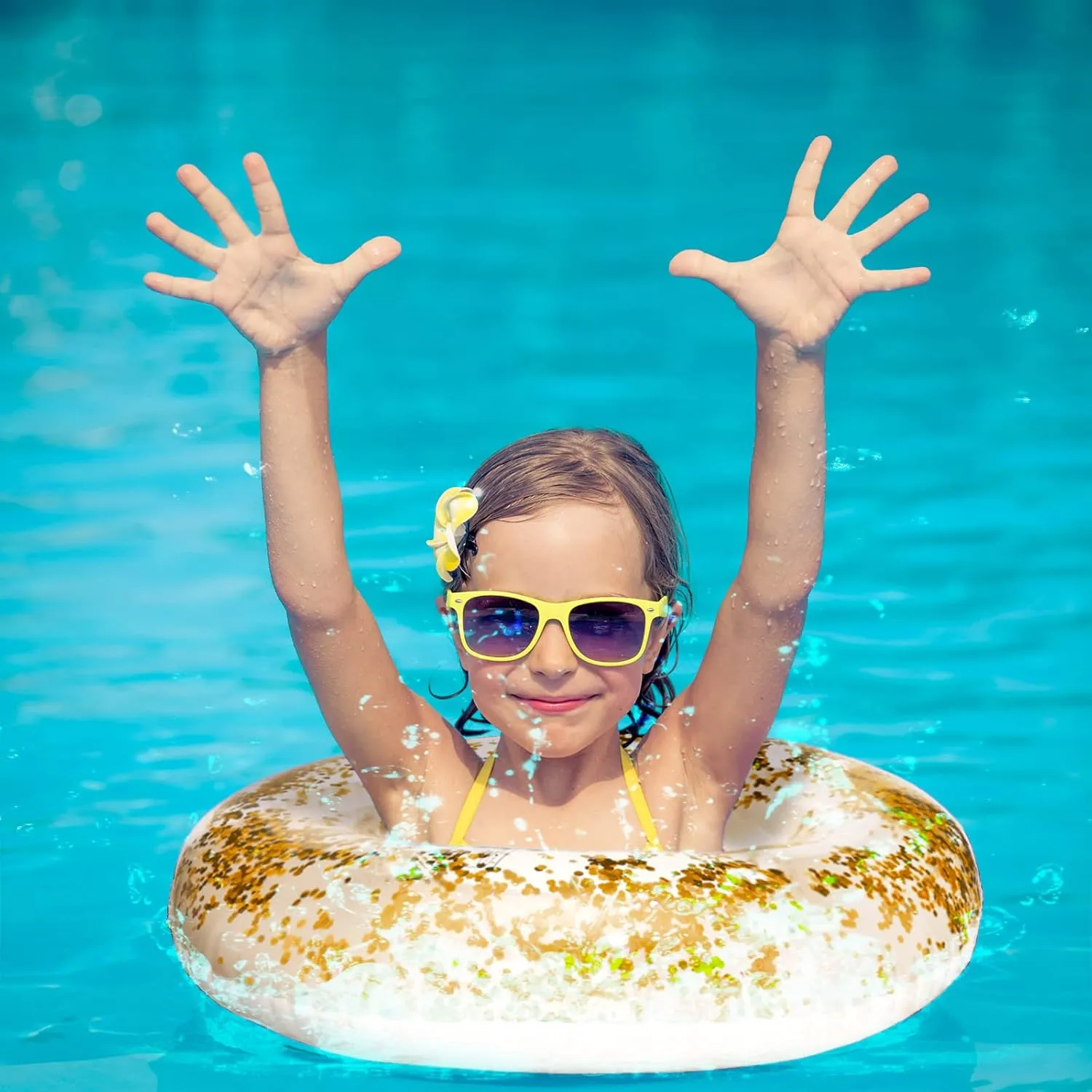 Hungdao 4 Pcs Glitter Inflatable Pool Float Tube Confetti Swim Ring and Glitter Beach Ball Confetti Inflatable Beach Ball for Adult Teens Summer Pool Favor