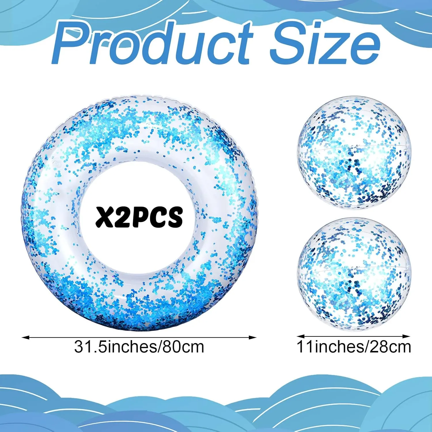 Hungdao 4 Pcs Glitter Inflatable Pool Float Tube Confetti Swim Ring and Glitter Beach Ball Confetti Inflatable Beach Ball for Adult Teens Summer Pool Favor