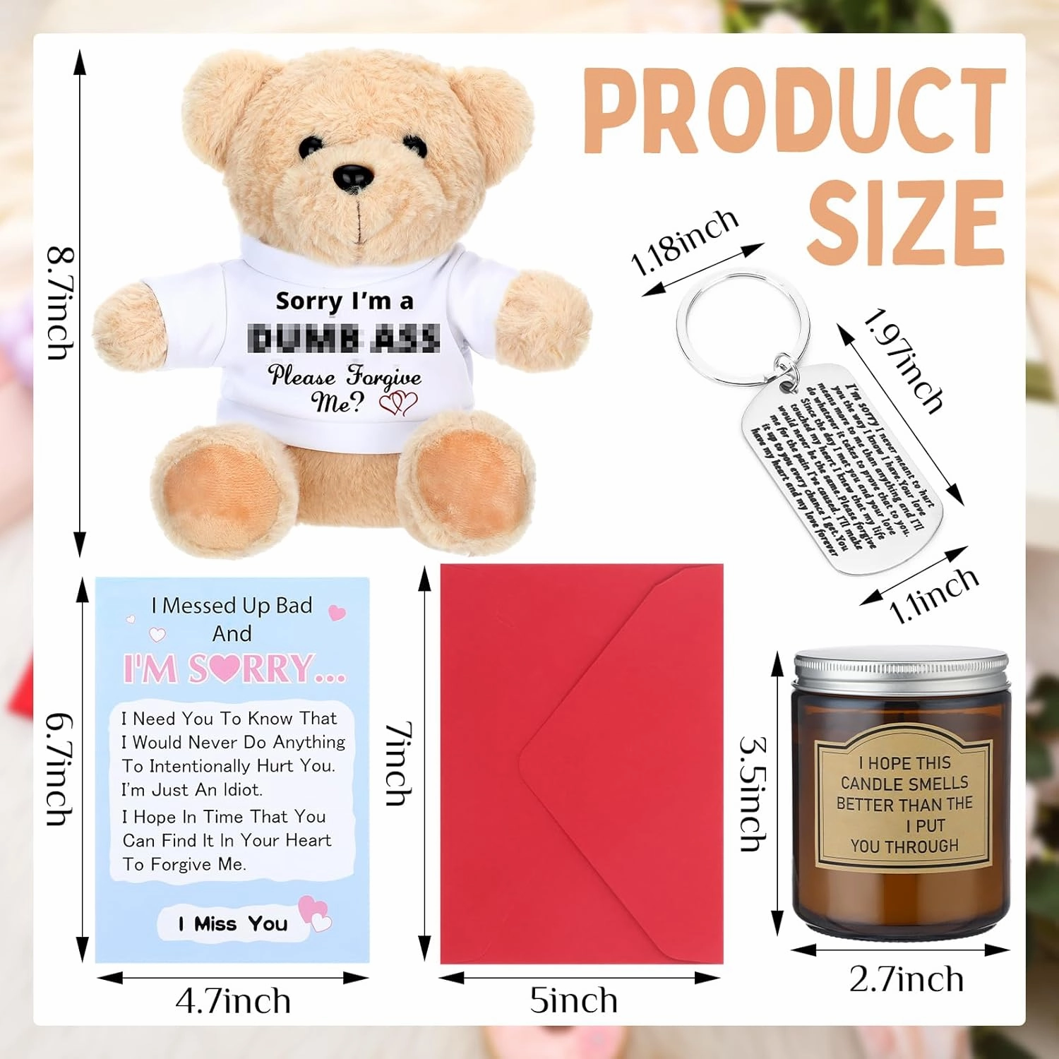 HyDren 5 Pcs I'm Sorry Gifts Set with Big Box Include Plush Bear Candle Apology Card Keychain I'm Sorry Gifts for Her Men Mom Wife Girlfriend Dad Husband Boyfriend