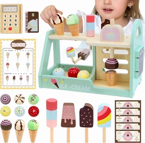 Ice Cream Playset Pretend Play Store Toys for Toddlers,Wooden Play Food Set for Kids with Menu,Christmas Birthday Gifts Play Kitchen Accessories Pretend Food Toys for Girls Boys