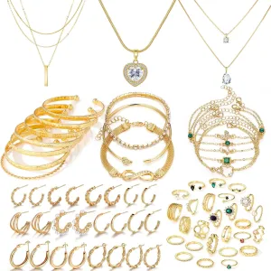IFKM 36 PC Gold Plated Jewelry Set with 4 Necklace, 11 Bracelet, 7 Ear Cuffs Earring, 14 Knuckle Rings for Women Girls Valentine Anniversary Birthday Friendship Gift