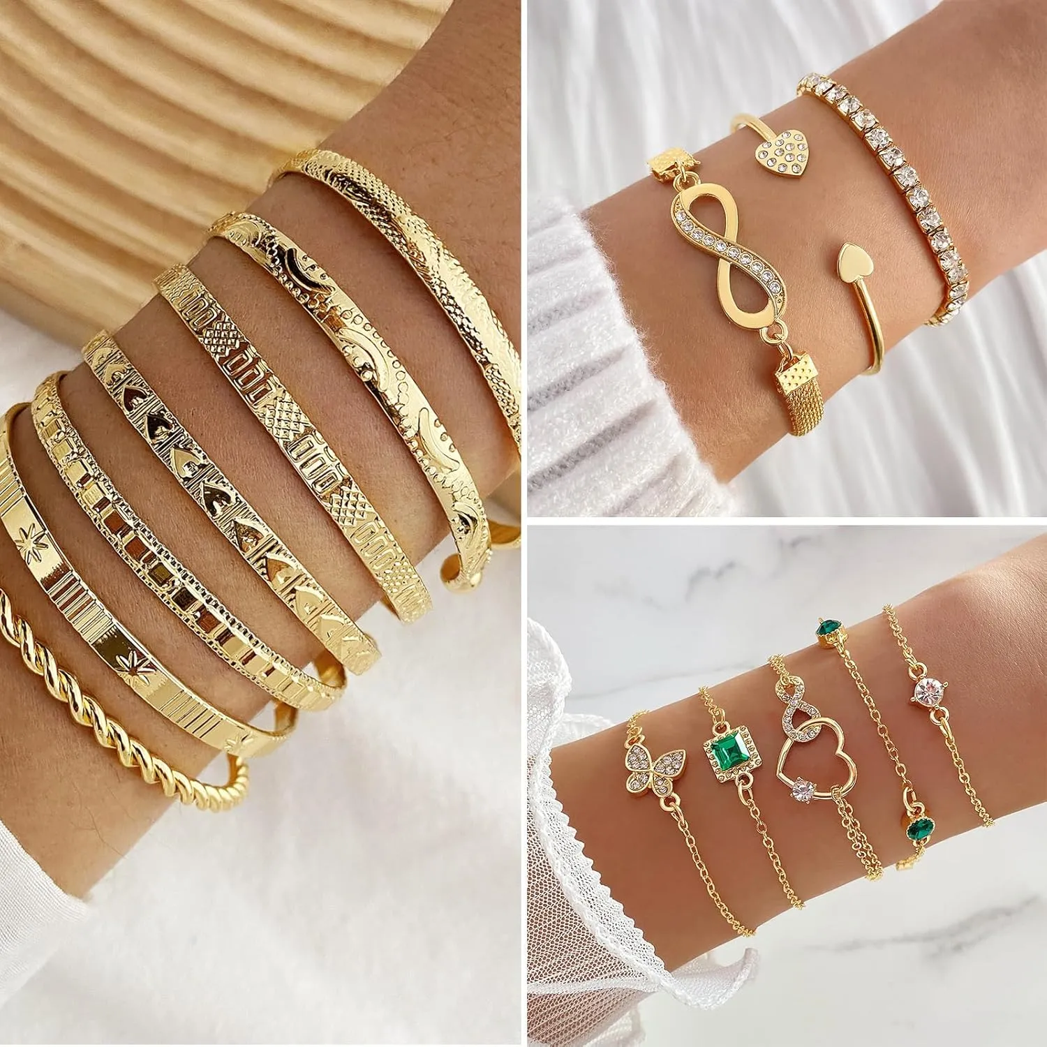 IFKM 36 PC Gold Plated Jewelry Set with 4 Necklace, 11 Bracelet, 7 Ear Cuffs Earring, 14 Knuckle Rings for Women Girls Valentine Anniversary Birthday Friendship Gift