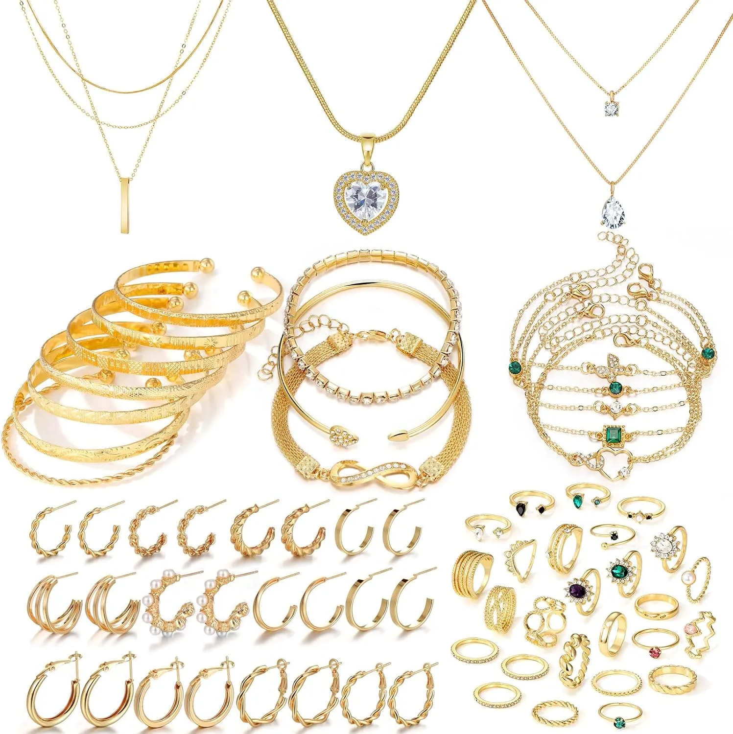 IFKM 36 PC Gold Plated Jewelry Set with 4 Necklace, 11 Bracelet, 7 Ear Cuffs Earring, 14 Knuckle Rings for Women Girls Valentine Anniversary Birthday Friendship Gift